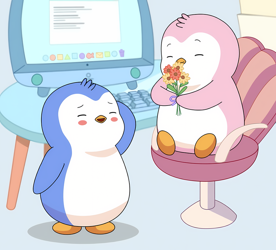 Pengu giving Polly flowers