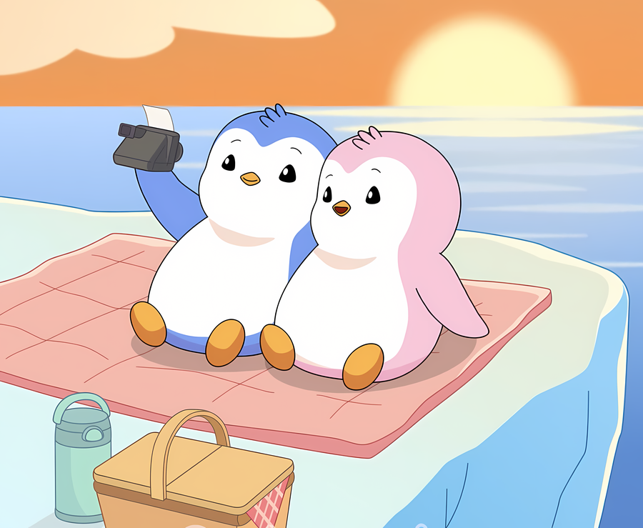 Polly and Pengu picnic on an iceberg
