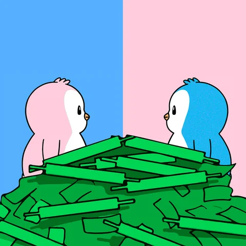 Polly and Pengu with a pile of cash